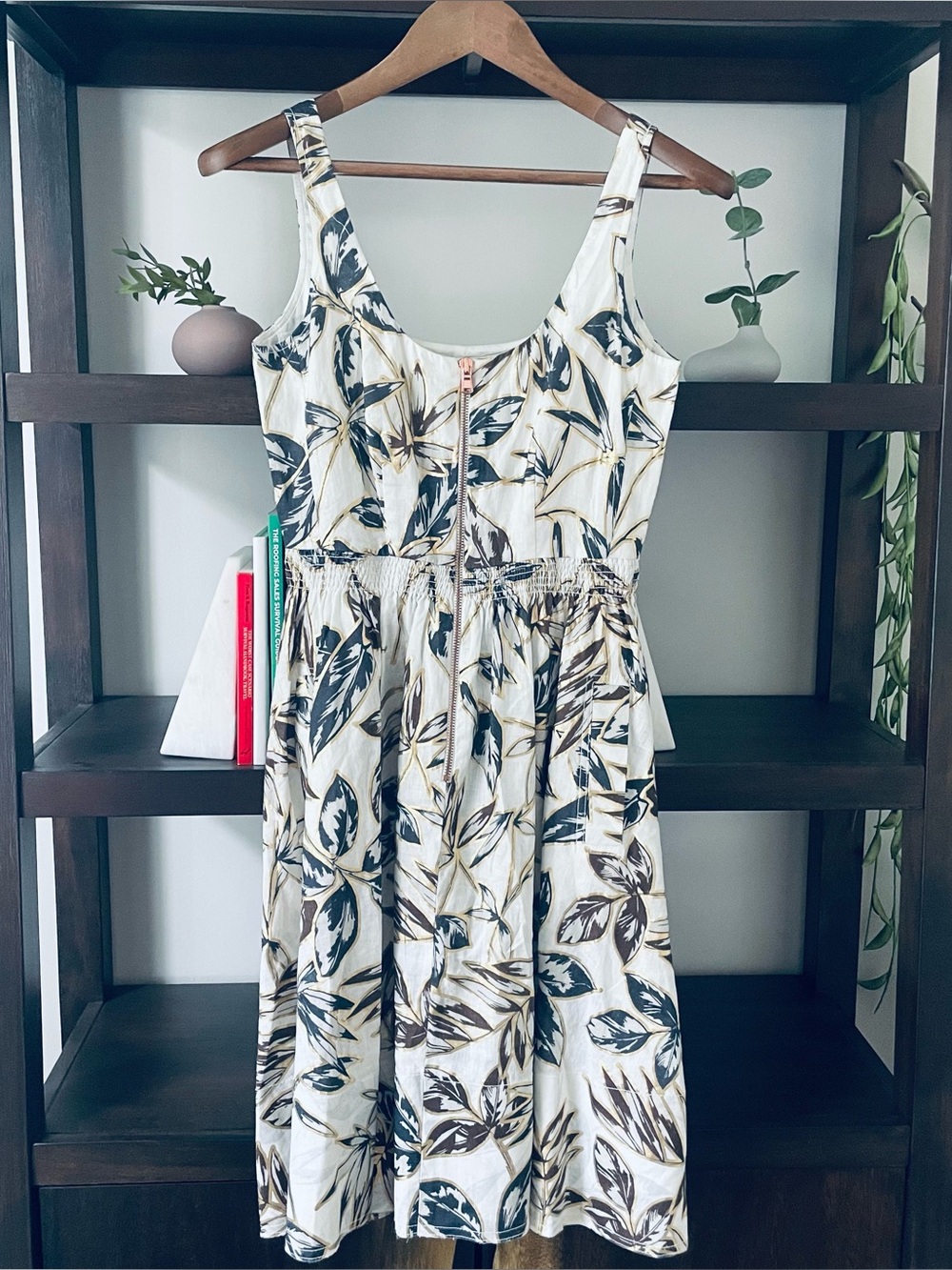 J. Crew White Midi Dress with Black Leaf Print & Gold Highlights